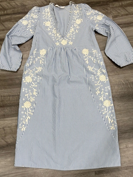 Zara Dresses & Skirts - Zara Blue and White Striped Midi Dress with Cream Floral Embroidery Size Medium